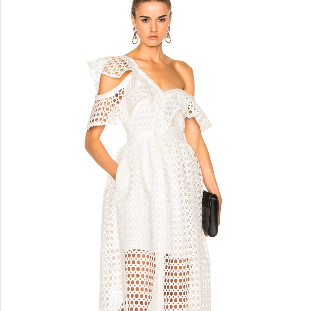 self-portrait Lace Frill Asymmetric Cold shoulder Midi Dress uk size 6 $995